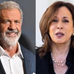 A photo collage Donald Trump, Mel Gibson and Kamala Harris
