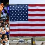 Photo collage of LeBron James and American Flag.