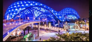 TRON Lightcycle Run roller coaster illuminated at night at Disney World