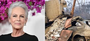 Jamie Lee Curtis (left) Wildfire destruction (right)