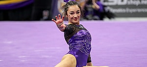 January 07, 2022: LSU's Elena Arenas poses at the end of her floor routine during NCAA Gymnastics action between Centenary and the LSU Tigers at the Pete Maravich Assembly Center in Baton Rouge, LA. Jonathan Mailhes/CSM(Credit Image: © Jonathan Mailhes/Cal Sport Media) Newscom/(Mega Agency TagID: csmphototwo848813.jpg) [Photo via Mega Agency]