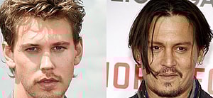 Austin Butler in gray suit (left) Johnny Depp smiling (right)