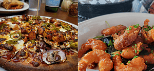 Pizza from Razzis and shrimp from Ghostfish in Seattle
