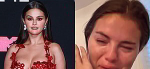A collage of Selena Gomez on the pink carpet and a screenshot of her crying in a video