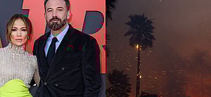 Collage of Ben Affleck & Jennifer Lopez and the Pacific Palisades wildfires