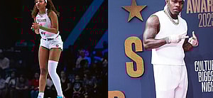 Photo collage of Angel Reese and Dababy.