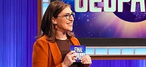 Mayim Bialik on "Jeopardy!" stage