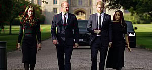 The Princess of Wales the Prince of Wales and the Duke and Duchess of Sussex meeting members of the public at Windsor Castle in Berkshire following the death of Queen Elizabeth II on Thursday
