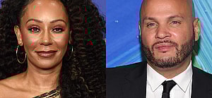 A collage of Mel B and Stephen Belafonte smiling on different read carpet events.