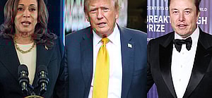 A phot collage of Kamala Harris, Donald Trump and Elon Musk