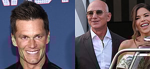 A photo collage of Tom Brady with Jeff Bezos and Lauren Sanchez