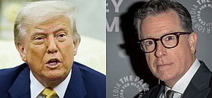 A photo collage of Donald Trump and Stephen Colbert