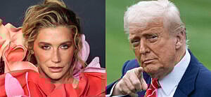 A photo collage of Kesha and Donald Trump