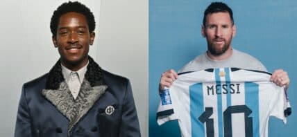 A side-by-side collage of Damson Idris and Lionel Messi