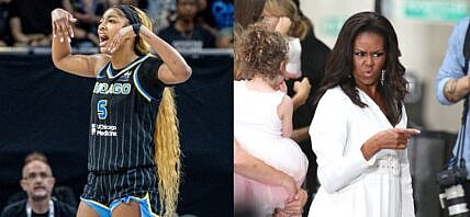 Photo collage of Angel Reese, Michelle Obama.