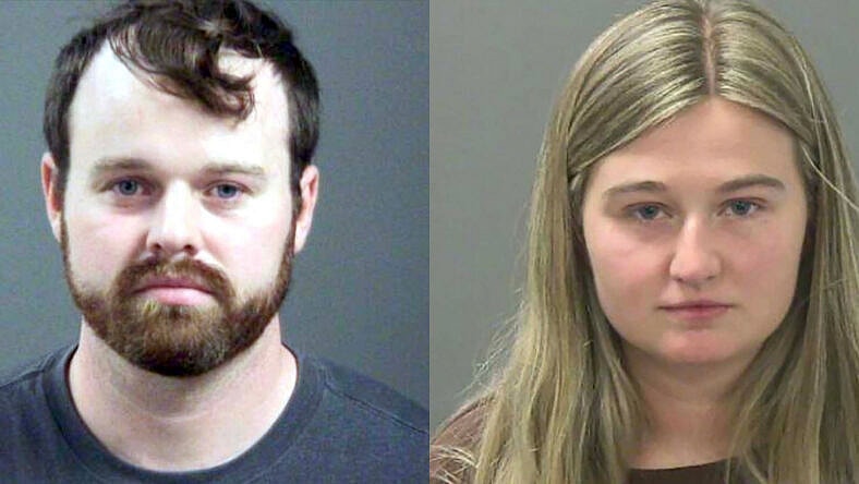 A photo collage of Joseph Duggar and Kendra Duggar's mugshots