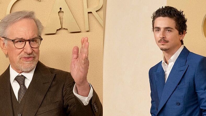 A photo collage of Steven Spielberg and Timothée Chalamet