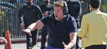 James Corden is seen filming with South Korean boy band BTS for a segment on the The Late Late Show with James Corden