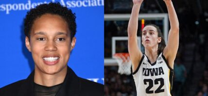 Brittney Griner smiling (left) Caitlin Clark playing basketball (right)
