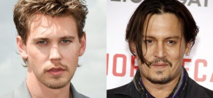 Austin Butler in gray suit (left) Johnny Depp smiling (right)
