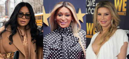 A photo collage of Jen Shah with Karen Huger and Brandi Glanville