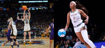 Photo collage of Angel Reese and Caitlin Clark.