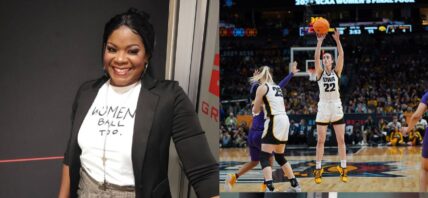 Photo collage of Sheryl Swoopes and Caitlin Clark.