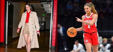 Photo collage of Jacy Sheldon and Caitlin Clark.