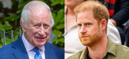 A photo collage of King Charles and Prince Harry