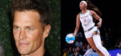 Photo collage of Tom Brady and Angel Reese.