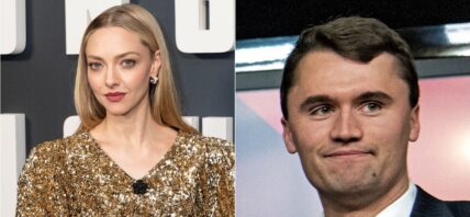 Photo collage of Amanda Seyfried (left) and Charlie Kirk (right)