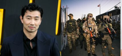 Photo collage of Simu Liu and ICE agents.