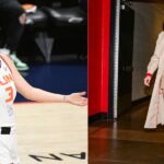 Photo collage of Caitlin Clark and Marina Mabrey.