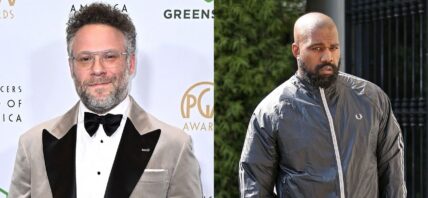 A photo collage of Seth Rogen and Kanye West