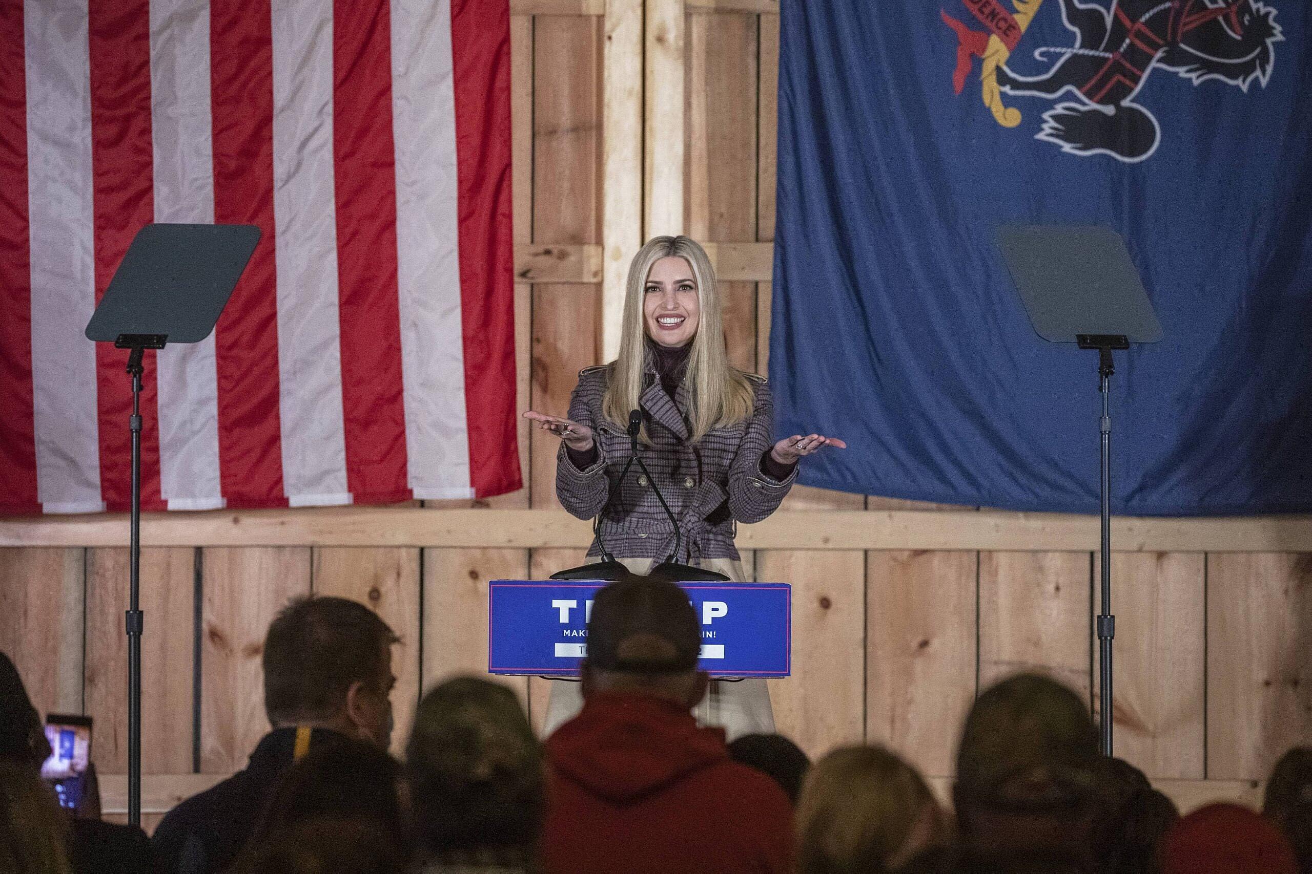 US election. Ivanka Trump speaks at a MAGA rally in Waymart, Pennsylvania. 29.10. 2020. Material must be credited "The Times/News Licensing" unless otherwise agreed. 100% surcharge if not credited. Online rights need to be cleared separately. Strictly one time use only subject to agreement with News Licensing. 30 Oct 2020 Pictured: US election. Ivanka Trump speaks at a MAGA rally in Waymart, Pennsylvania. 29.10. 2020. Material must be credited "The Times/News Licensing" unless otherwise agreed. 100% surcharge if not credited. Online rights need to be cleared separately. Strictly one time use only subject to agreement with News Licensing. Photo credit: News Licensing / MEGA TheMegaAgency.com +1 888 505 6342 (Mega Agency TagID: MEGA712103_014.jpg) [Photo via Mega Agency]