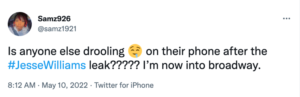 Tweet by Samz926 about Jesse Williams leak and Broadway, dated May 10, 2022