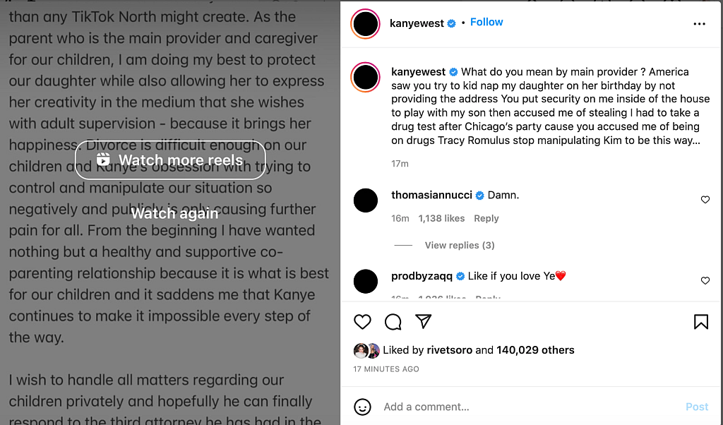 Kanye claps back at Kim