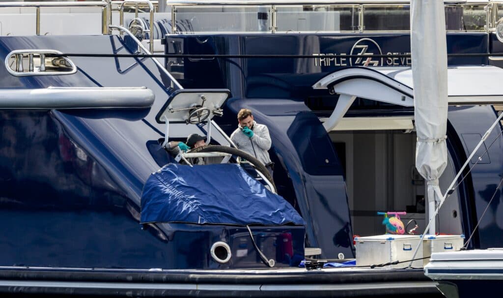 The yacht 777 at James Watt Marina in Greenock