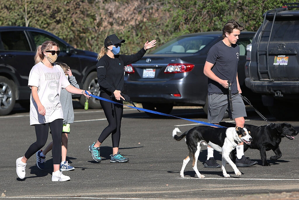 Actress Reese Witherspoon hiking with her family in Los Angeles