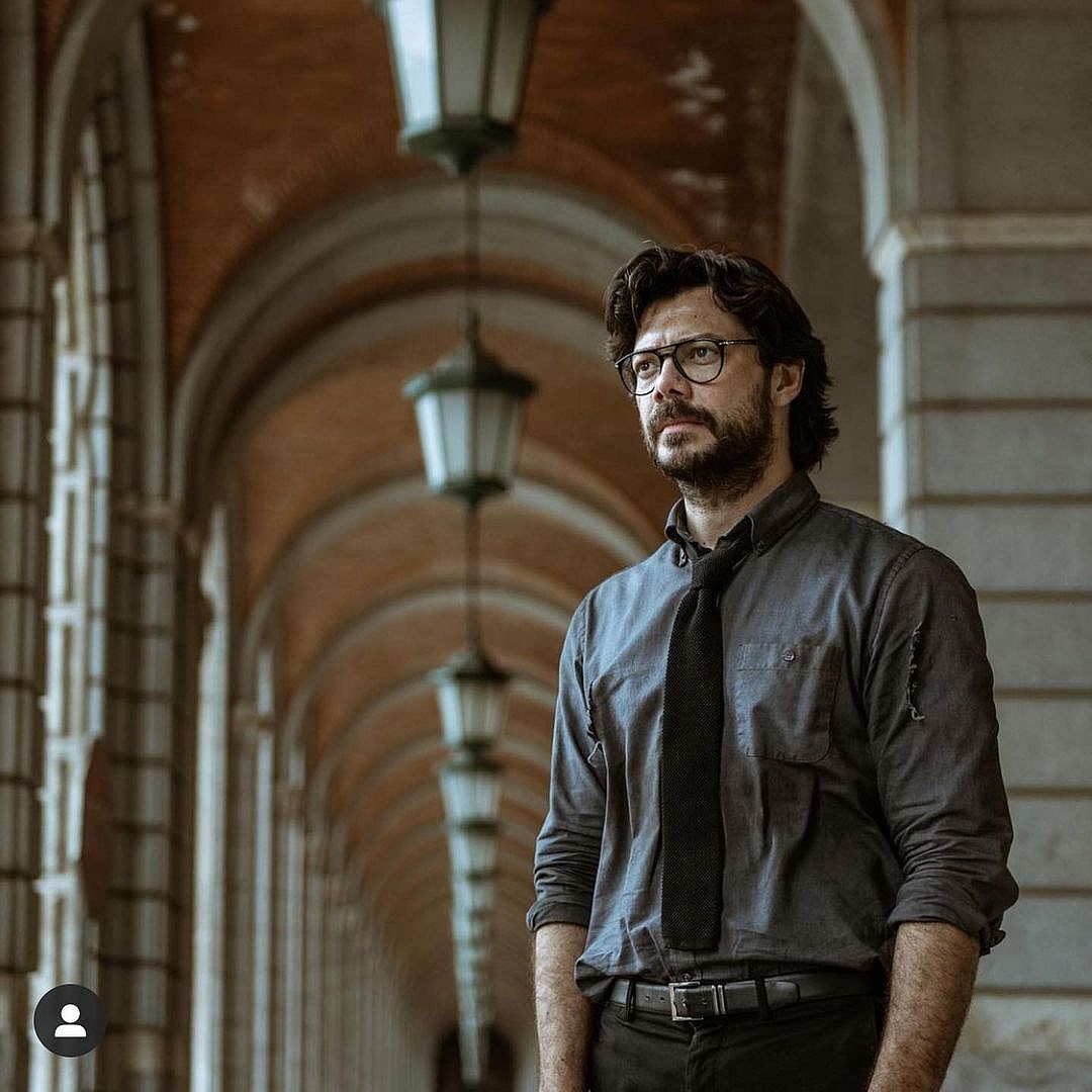 A photo showing one of the main cast of 'Money Heist' called The Professor.