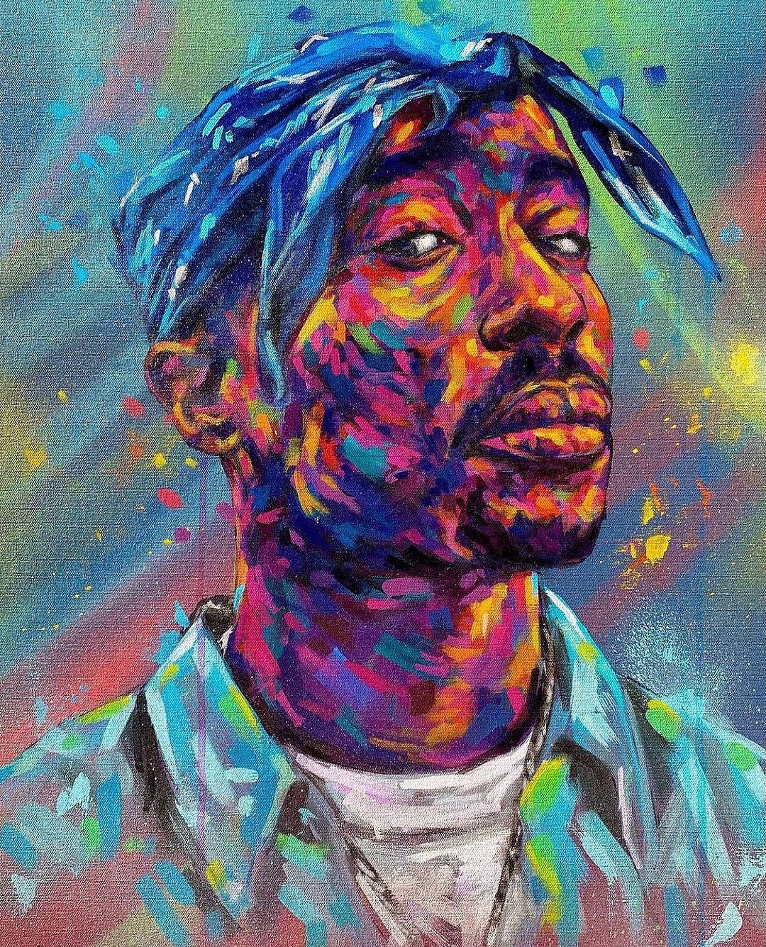 A photo art showing Tupac Shakur’s face.