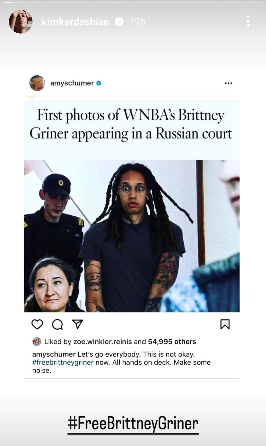 Kim Kardashian and Amy Schumer express support for Brittney Griner