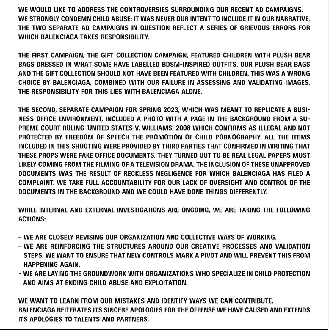 Balenciaga's statement addressing controversies surrounding recent ad campaigns