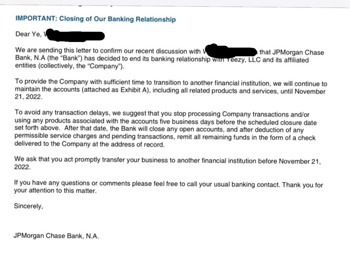 JPMorgan Chase's email to Kanye West