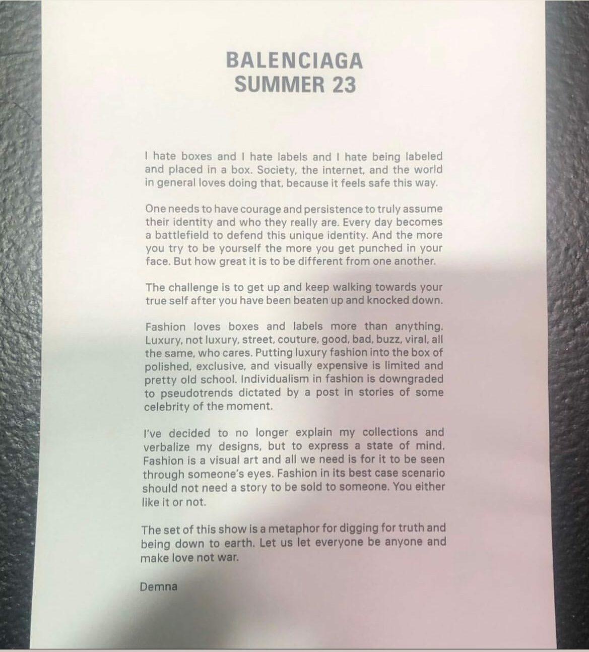 Demna's note for his mud-themed, post-apocalyptic runway shared by Kanye West