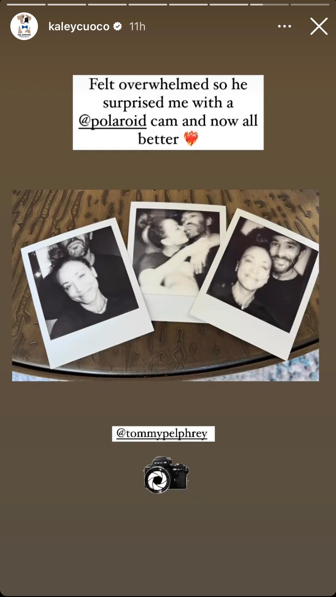 Three black and white Polaroid-style photographs arranged on a wooden surface