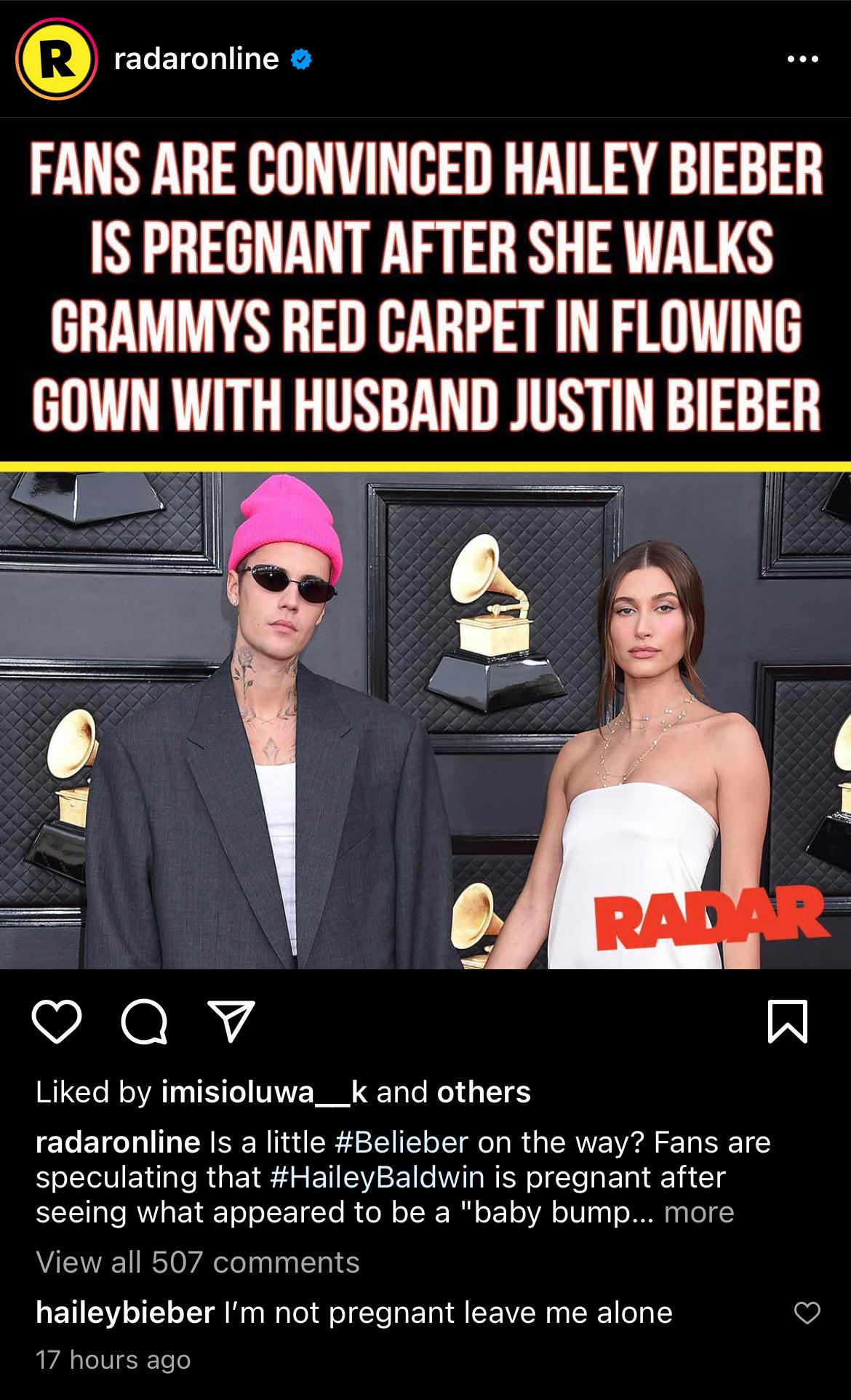 Hailey Baldwin'S comment on Radar Online's Instagram post