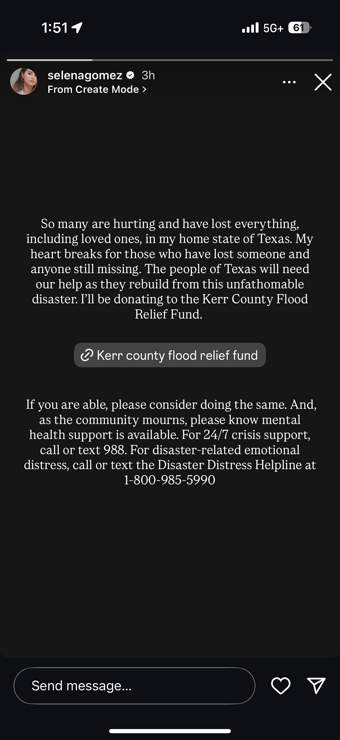 Selena Gomez's Instagram Stories about Texas flooding
