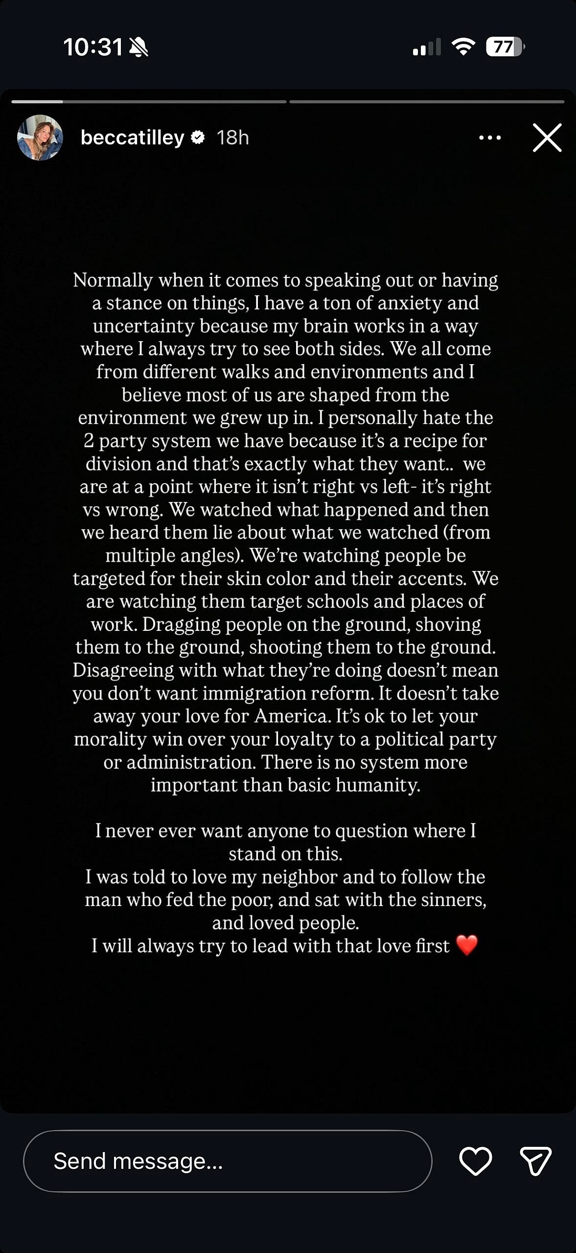 Becca Tilley posts about ICE on Instagram