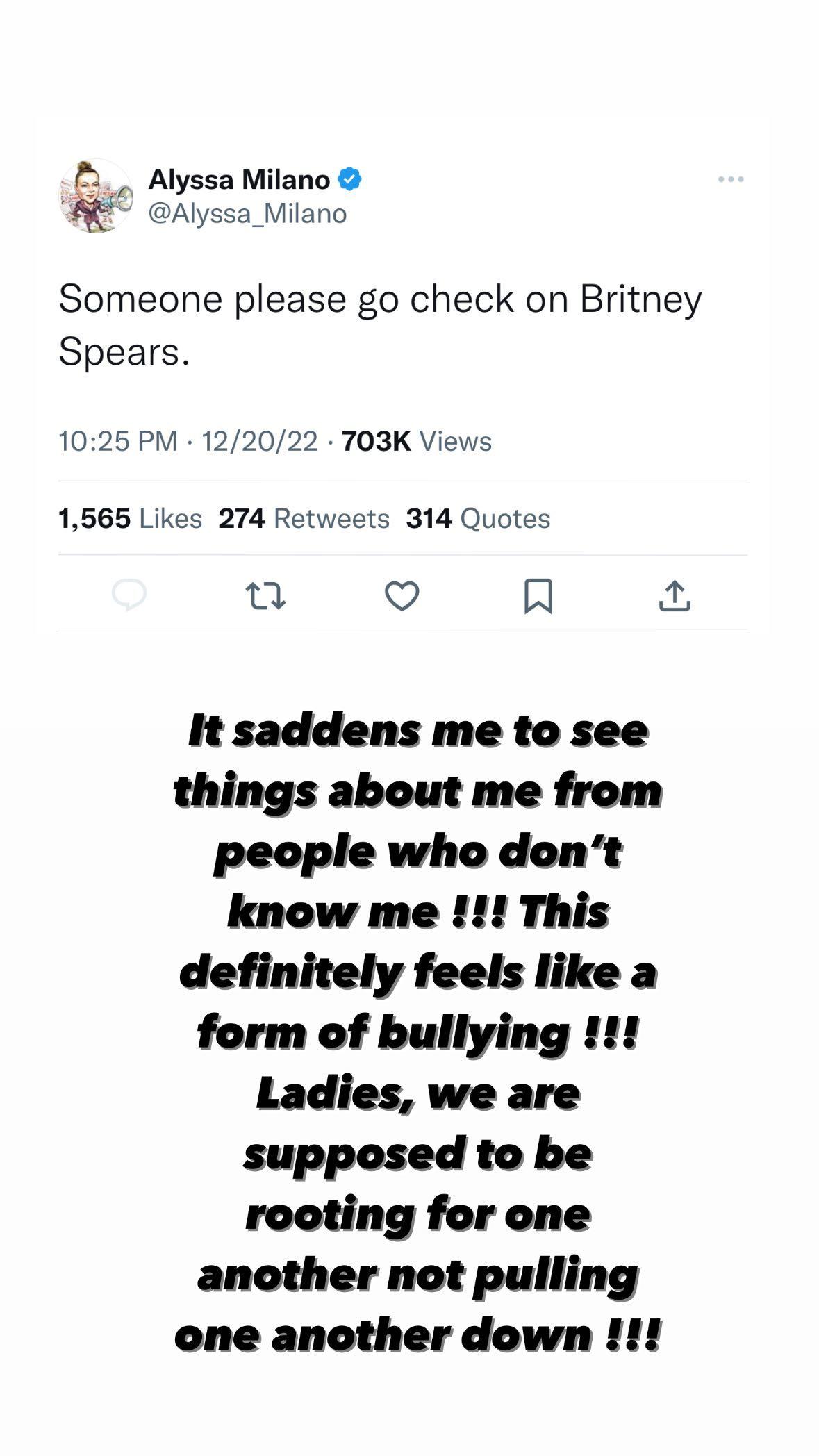 Britney Spears calls out Alyssa Milano for 'bullying'